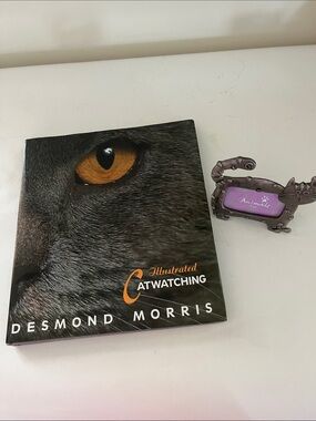 Cat Watching by D. Morris and pewter look cat shaped picture frame.